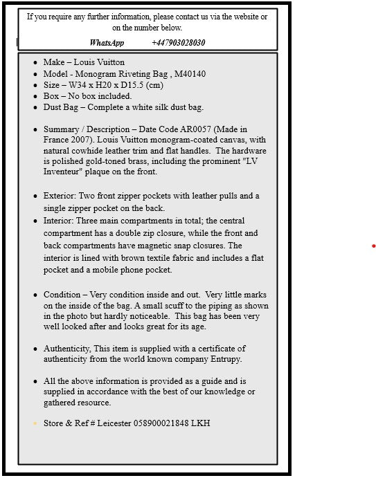 Louis Vuitton Monogram Riveting Bag , M40140