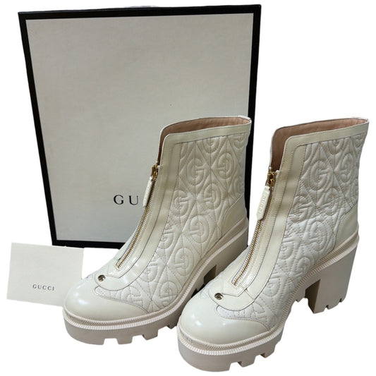 Gucci White G Rhombus Mid Heel Ankle Boots