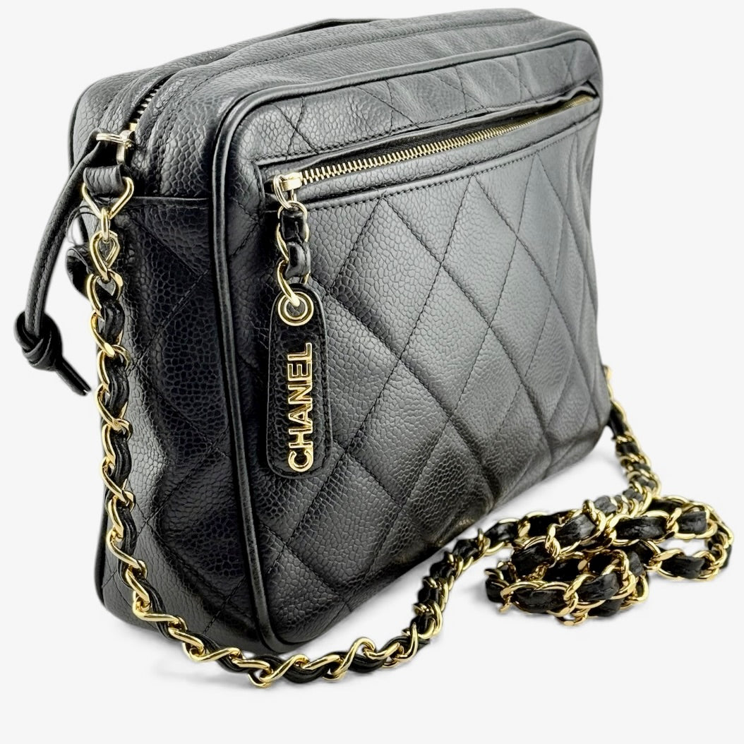 Chanel vintage CC Black Quilted Caviar messenger bag