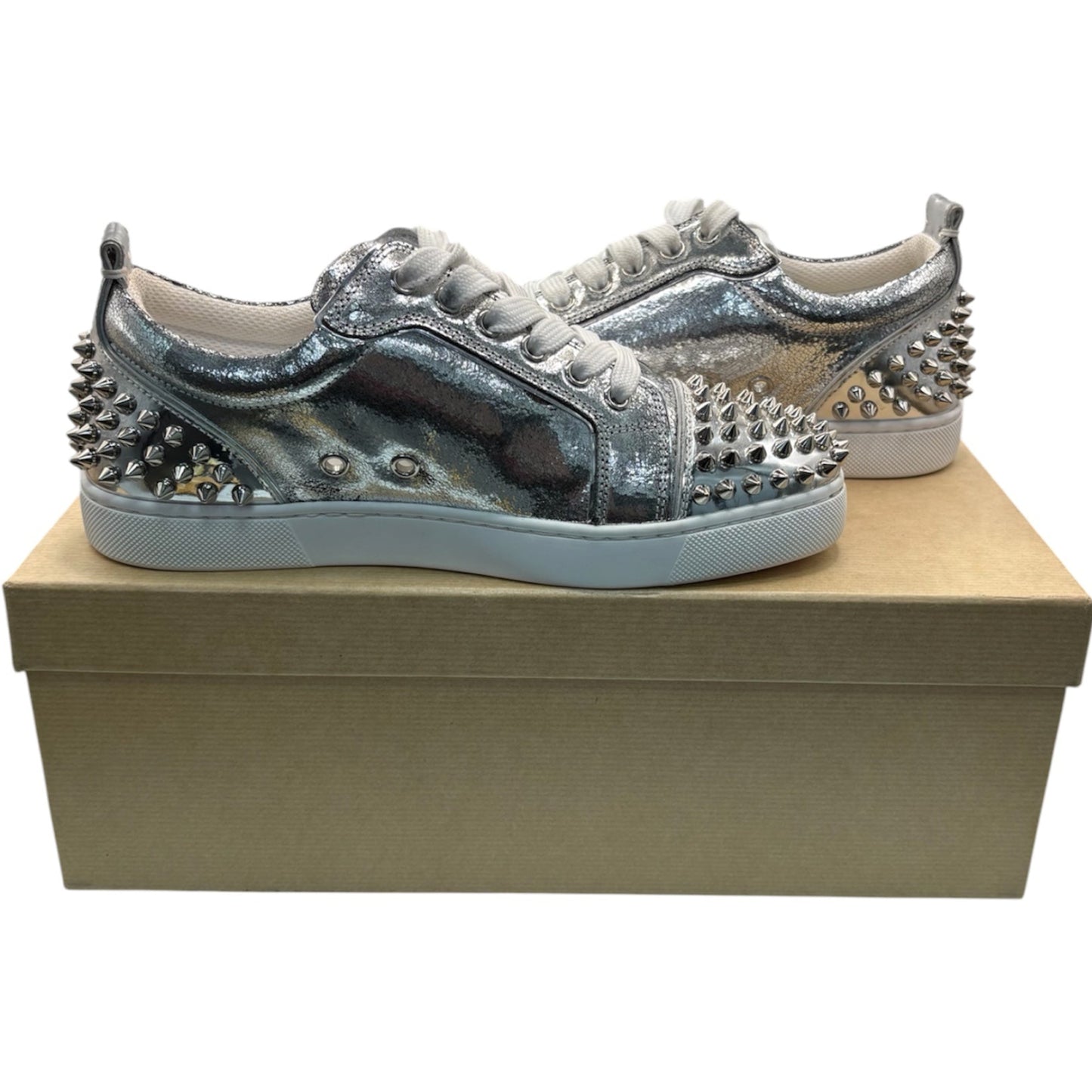 Christian Louboutin Louis Junior Spikes Metallic Cracked-Leather Sneakers