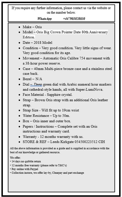 Oris Big Crown Pointer Date 80th Anniversary